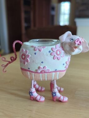 Pink Floral Pig Votive Candle Holder
